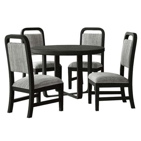 Picket House Furnishings - Woodridge  5PC Standard Height Dining Set in Black with Grain-Round Table and Four Grey Fabric Chairs - D-14440-8W-RDT-5PC