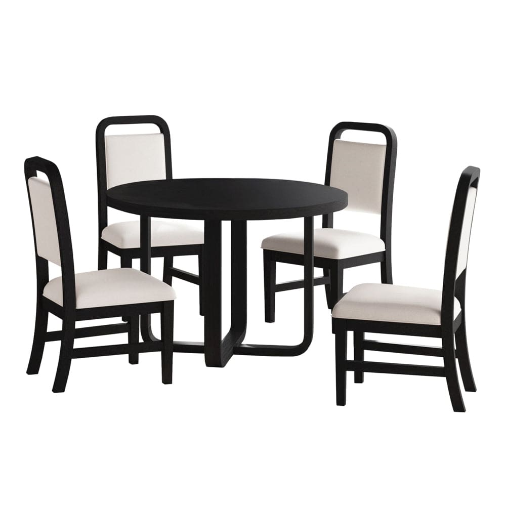 Picket House Furnishings - Woodridge  5PC Standard Height Dining Set in Black with Grain-Round Table and Four White Fabric Chairs - D-14440-8W-RDTSC2-5PC