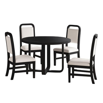 Picket House Furnishings - Woodridge  5PC Standard Height Dining Set in Black with Grain-Round Table and Four White Fabric Chairs - D-14440-8W-RDTSC2-5PC