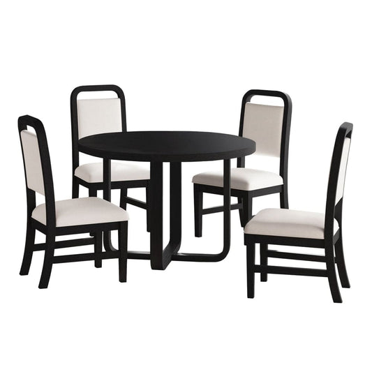 Picket House Furnishings - Woodridge  5PC Standard Height Dining Set in Black with Grain-Round Table and Four White Fabric Chairs - D-14440-8W-RDTSC2-5PC