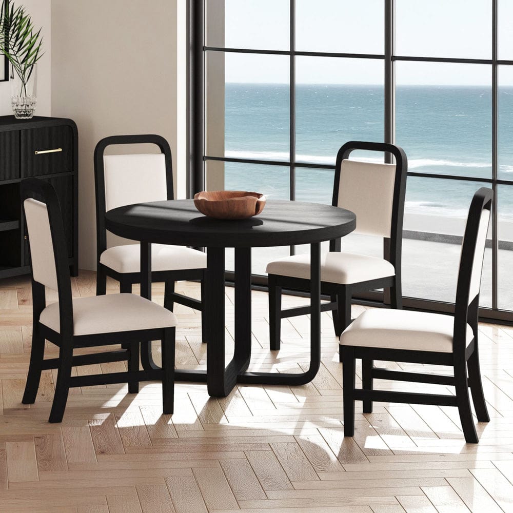 Picket House Furnishings - Woodridge  5PC Standard Height Dining Set in Black with Grain-Round Table and Four White Fabric Chairs - D-14440-8W-RDTSC2-5PC