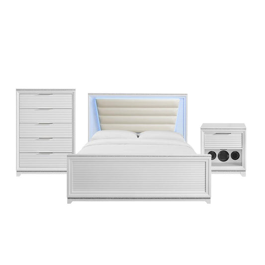 Picket House Furnishings - Xena King UPH 3PC Bedroom Set with Lights in White - B-14260-7-KUB-3PC veiw 1
