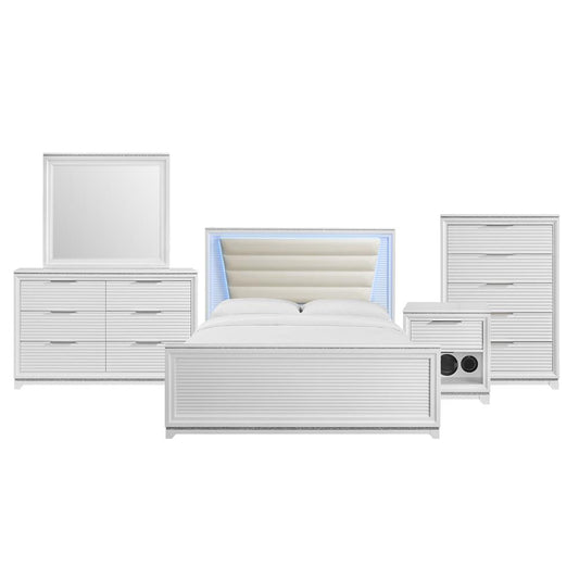 Picket House Furnishings - Xena King UPH 5PC Bedroom Set with Lights in White - B-14260-7-KUB-5PC veiw 1