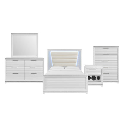 Picket House Furnishings - Xena Queen UPH 5PC Bedroom Set with Lights in White - B-14260-7-QUB-5PC veiw 1