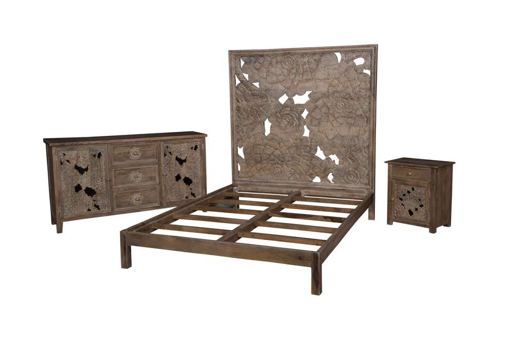 Porter Designs - Dahlia Hand Carved Motif Queen Bed, Brown - 04-196-03B-8436-KIT veiw 4