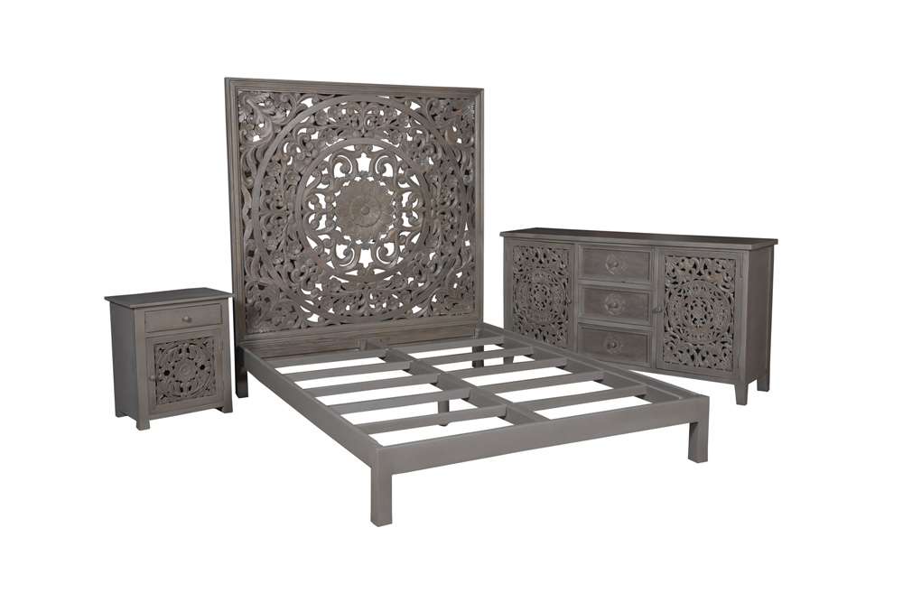Porter Designs - Mandala Hand Carved Motif Queen Bed, Gray - 04-196-03B-BCB0-KIT veiw 4