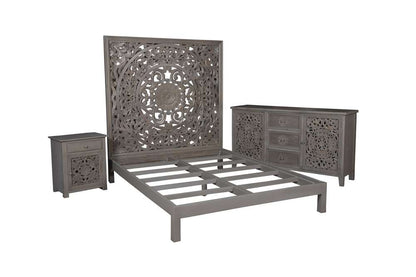 Porter Designs - Mandala Hand Carved Motif Queen Bed, Gray - 04-196-03B-BCB0-KIT veiw 4