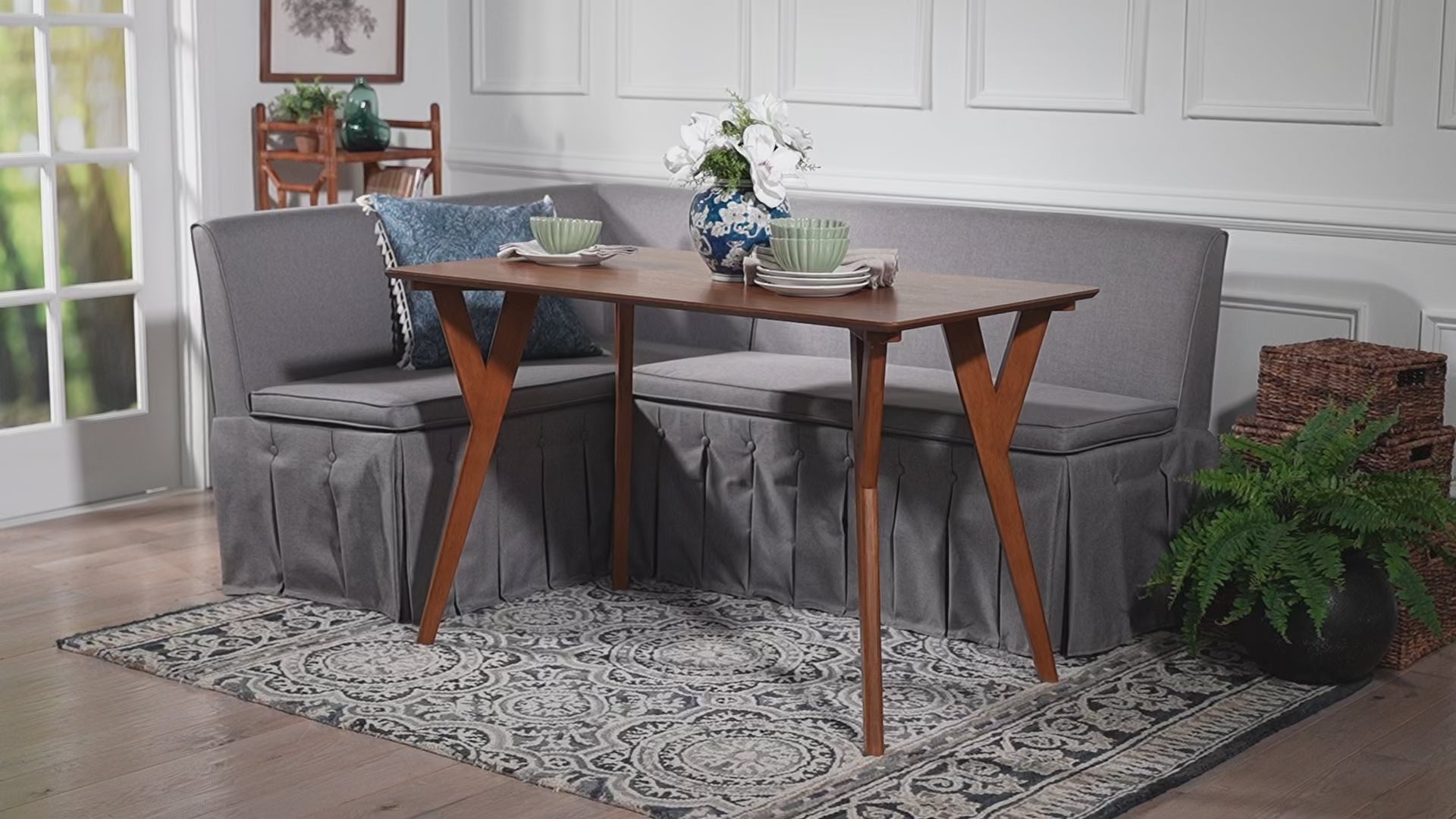 Baxton Studio - Reginald Dining Bench - Redmond-Grey/Walnut-3PC Dining Nook Set view 9