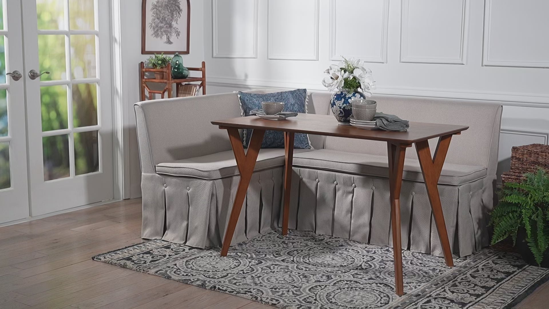 Baxton Studio - Reginald Dining Bench - Reginald-Light Beige/Walnut-3PC Dining Nook Set view 9