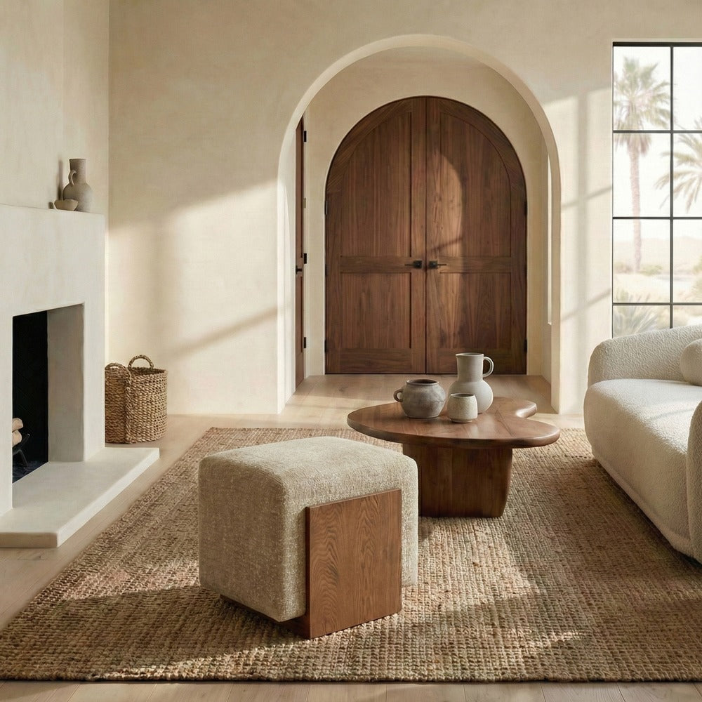 Safavieh - Norabeth Chenille And Wood Ottoman / Light Brown / Walnut - SFV4885A view 2