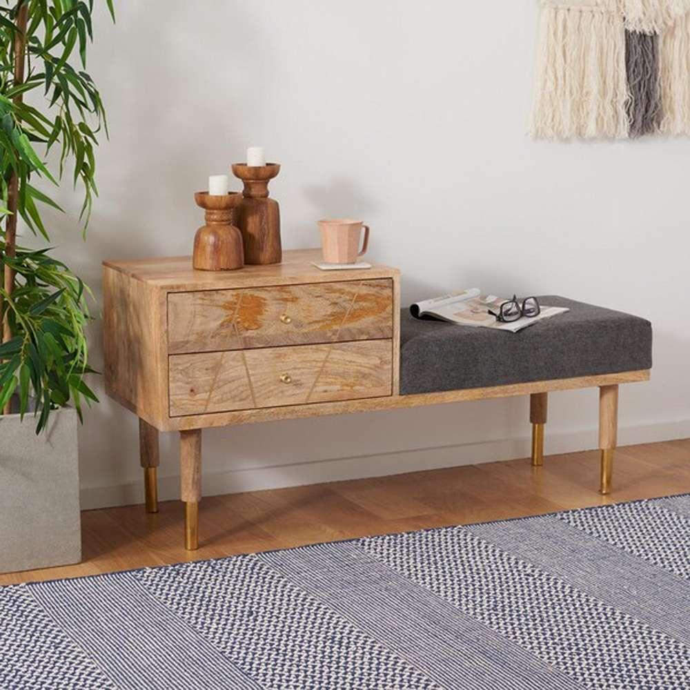 Safavieh - Taft 2Drw Cushion Seated Bench - Natural - Grey - BCH9000A veiw 3