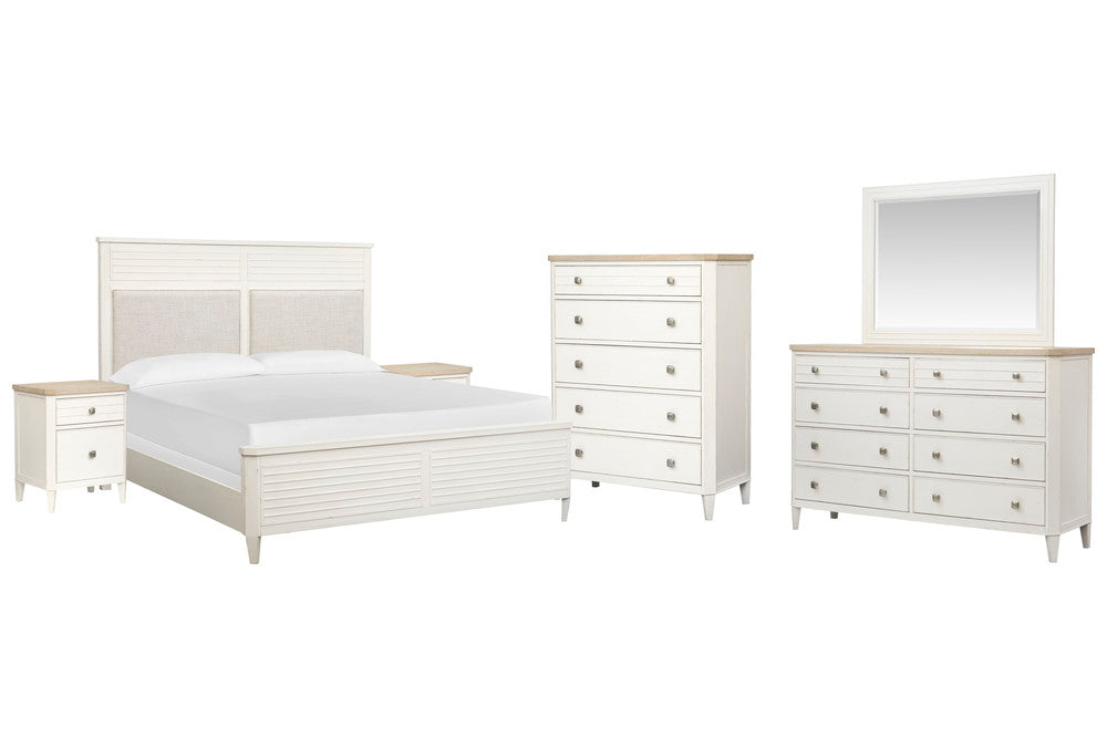 Salt Life Home - Echo Isles Sea Pearl And Driftwood California King Upholstered Panel Bed 2 Telephone Tables Drawer Dresser With Landscape Mirror And Drawer Chest - B6310-75-KIT9 view 1