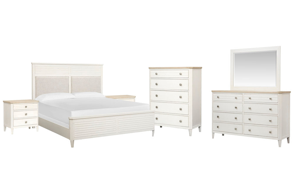 Salt Life Home - Echo Isles Sea Pearl And Driftwood King Upholstered Panel Bed 2 Nightstands Drawer Dresser With Landscape Mirror And Drawer Chest - B6310-65-KIT5 view 1