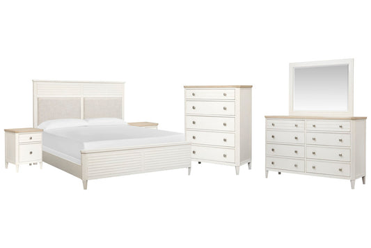Salt Life Home - Echo Isles Sea Pearl And Driftwood King Upholstered Panel Bed 2 Telephone Tables Drawer Dresser With Landscape Mirror And Drawer Chest - B6310-65-KIT9 view 1