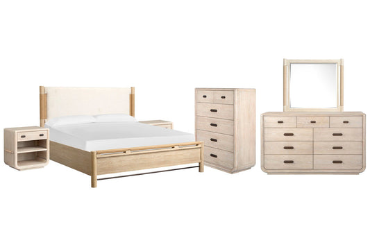Salt Life Home - Sunset Cove Sanibel Brown King Panel Upholstered Bed 2 Open Nightstands 9 Drawer Dresser With Landscape Mirror And 5 Drawer Chest - B5783-65-KIT18 view 1
