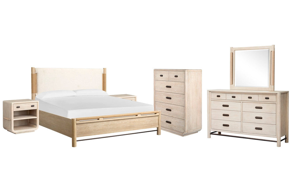 Salt Life Home - Sunset Cove Sanibel Brown King Panel Upholstered Bed 2 Open Nightstands Drawer Dresser With Landscape Mirror And 5 Drawer Chest - B5783-65-KIT17 view 1