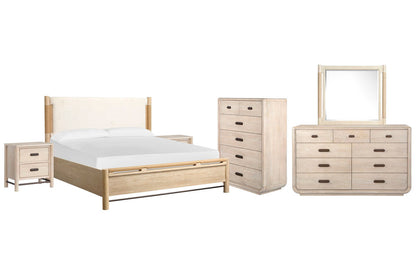 Salt Life Home - Sunset Cove Sanibel Brown Queen Panel Upholstered Bed 2 Nightstands 9 Drawer Dresser With Landscape Mirror And 5 Drawer Chest - B5783-55-KIT10 view 1