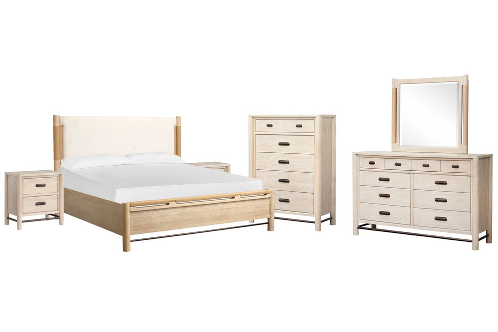 Salt Life Home - Sunset Cove Sanibel Brown Queen Panel Upholstered Bed 2 Nightstands Drawer Dresser With Landscape Mirror And Drawer Chest - B5783-55-KIT7 view 1
