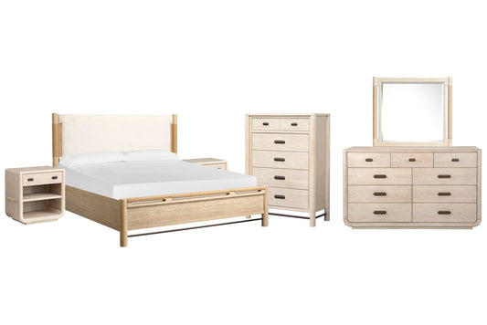 Salt Life Home - Sunset Cove Sanibel Brown Queen Panel Upholstered Bed 2 Open Nightstands 9 Drawer Dresser With Landscape Mirror And Drawer Chest - B5783-55-KIT16 view 1