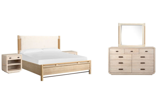 Salt Life Home - Sunset Cove Sanibel Brown Queen Panel Upholstered Bed 2 Open Nightstands And 9 Drawer Dresser With Landscape Mirror - B5783-55-KIT14 view 1