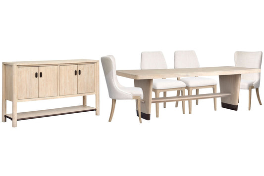 Salt Life Home - Sunset Cove Sanibel Brown Trestle Dining Table With 2 Upholstered Side Chairs 2 Host Chairs And Buffet - D5783-21-KIT30 view 1