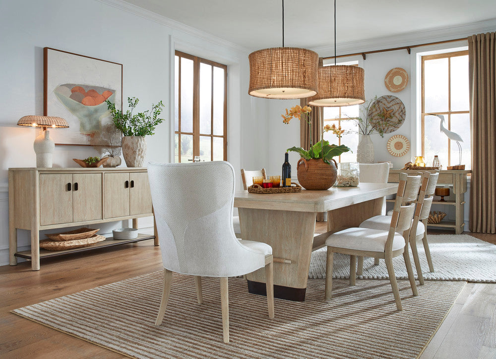 Salt Life Home - Sunset Cove Sanibel Brown Trestle Dining Table With 4 Upholstered Side Chairs 2 Host Chairs And Buffet - D5783-21-KIT33 view 12