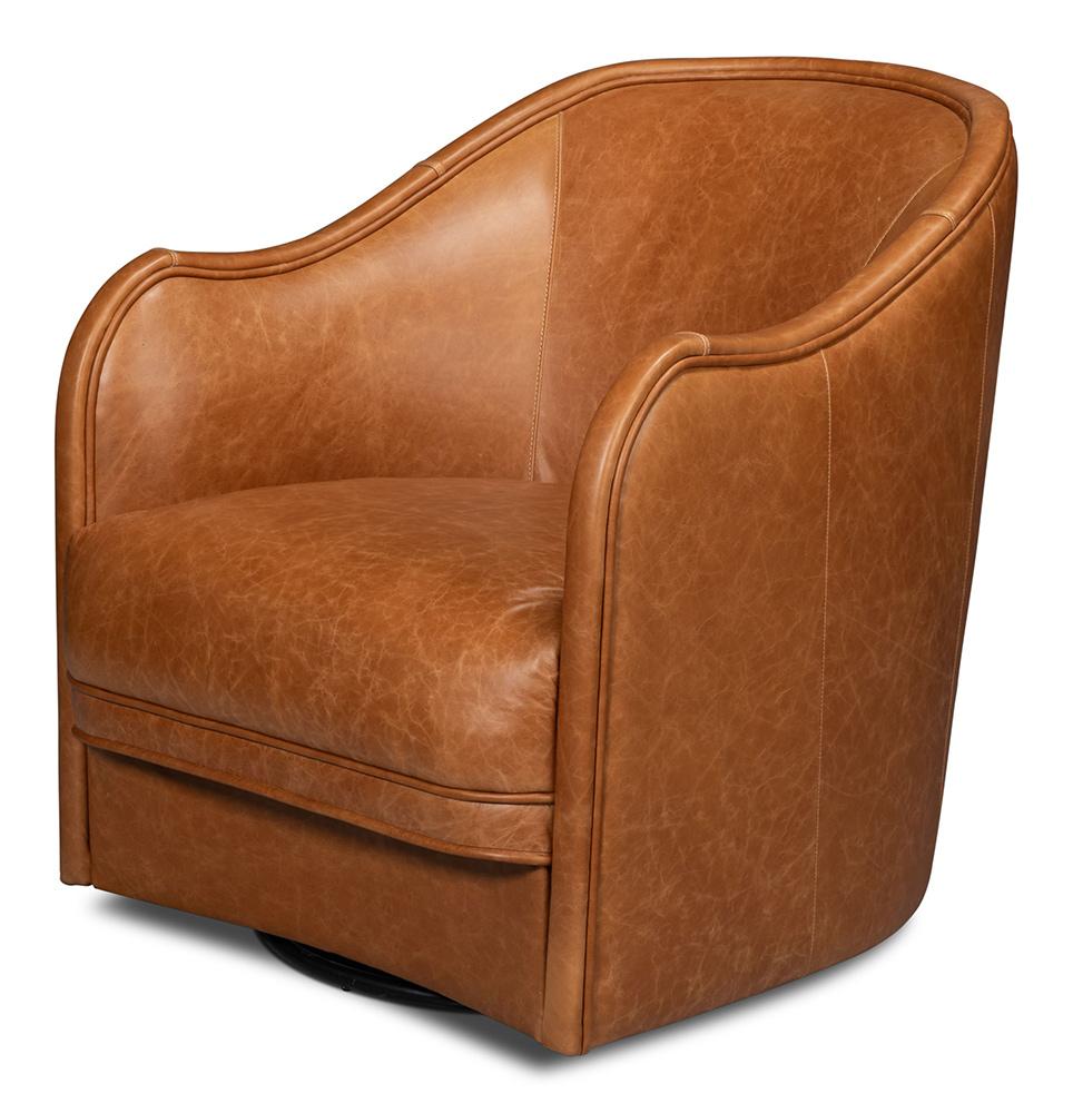 Sarreid Ltd - Braxton Leather Swivel Chair, Brown - 54168 veiw 1