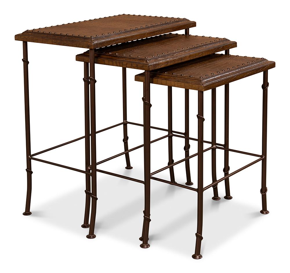 Sarreid Ltd - Croc Leather Nesting Tables, Set/3 - Brown - 25953 veiw 1