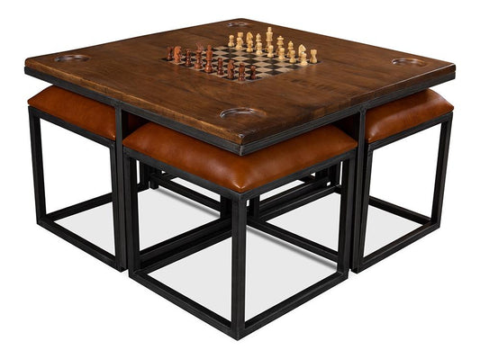 Sarreid Ltd - Low Game Table With Four Stools - Brown - 25693 veiw 1