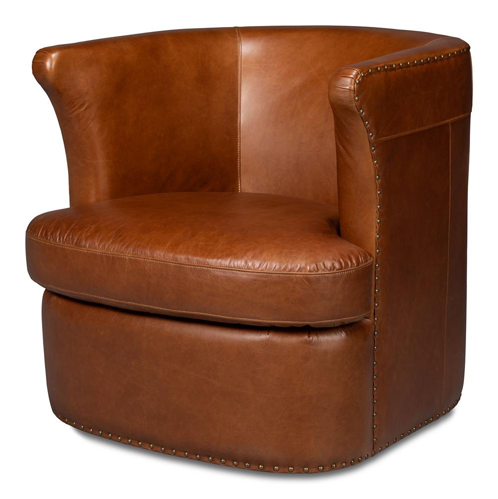 Sarreid Ltd - Spencer Distilled Leather Swivel Chair - Brown - 54056 veiw 1