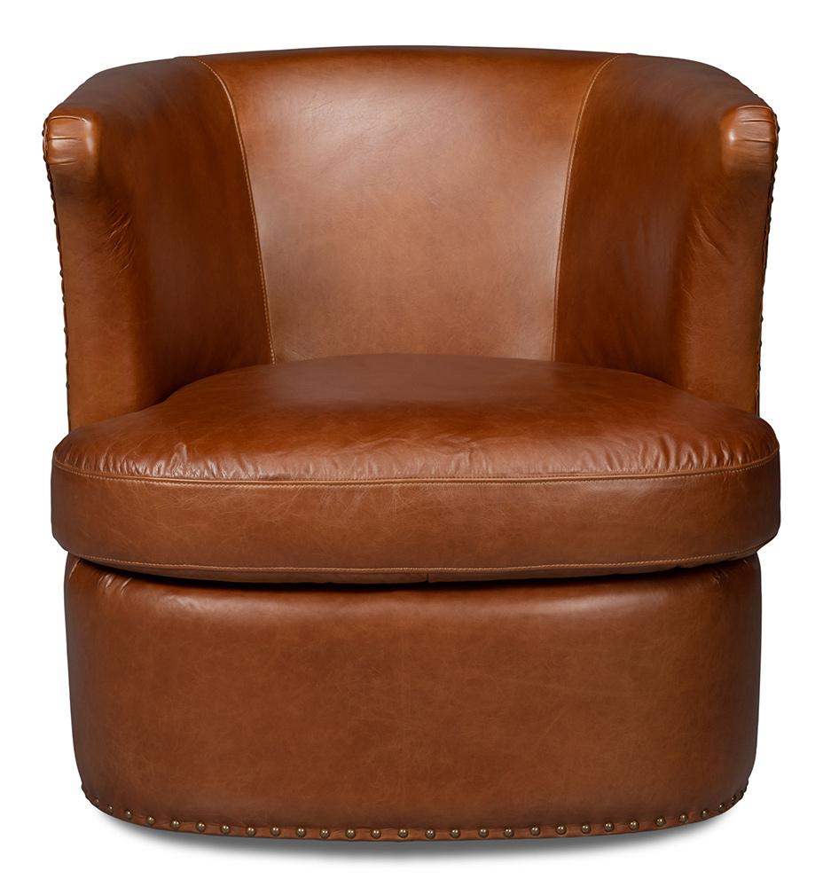 Sarreid Ltd - Spencer Distilled Leather Swivel Chair - Brown - 54056 veiw 2