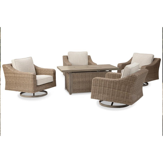 Signature Design by Ashley - Beachcroft 5-Piece Outdoor Fire Pit Table With 4 Chairs in Beige veiw 1