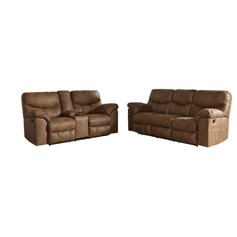 Signature Design by Ashley - Boxberg 2 Piece Manual Reclining Sofa & Manual Reclining Loveseat With Console in Bark veiw 1