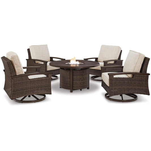 Signature Design by Ashley - Paradise Trail Outdoor Fire Pit Table With 4 Lounge Chairs in Medium Brown veiw 1