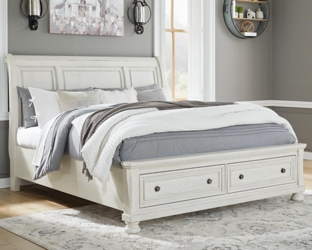 Signature Design by Ashley - Robbinsdale King Sleigh Bed with Storage in Antique White veiw 2