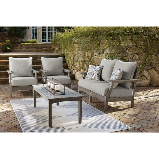 Signature Design by Ashley - Visola Outdoor Loveseat, 2 Lounge Chairs & Coffee Table in Gray veiw 1