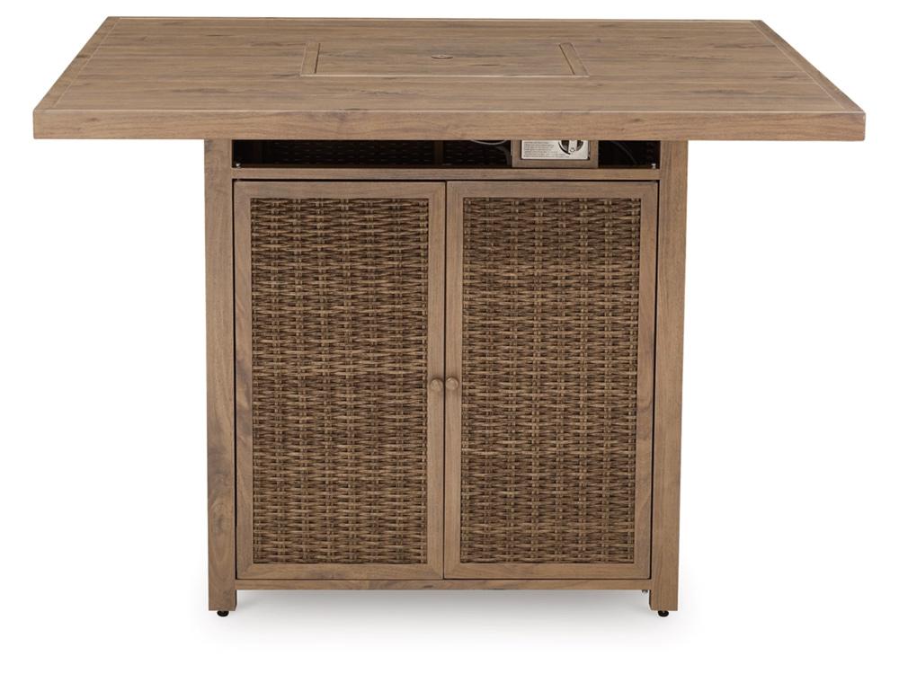 Signature Design by Ashley - Walton Bridge Outdoor Square Bar Table W/Fire Pit in Driftwood - P749-665 veiw 1