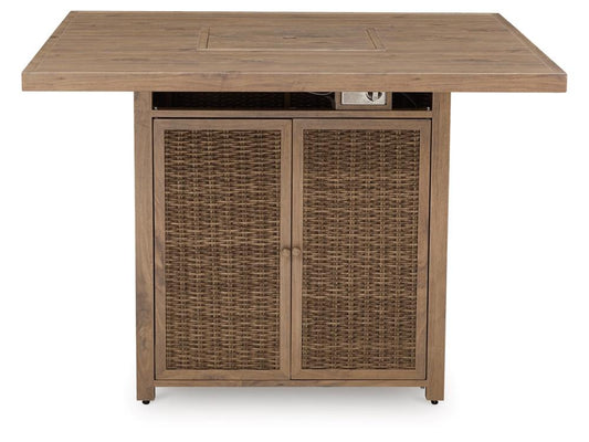 Signature Design by Ashley - Walton Bridge Outdoor Square Bar Table W/Fire Pit in Driftwood - P749-665 veiw 1