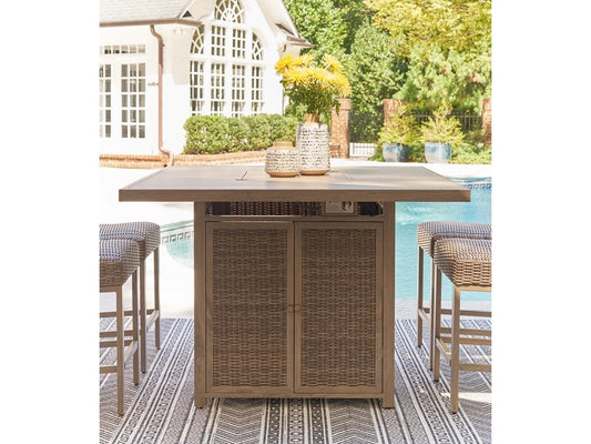 Signature Design by Ashley - Walton Bridge Outdoor Square Bar Table W/Fire Pit in Driftwood - P749-665 veiw 2