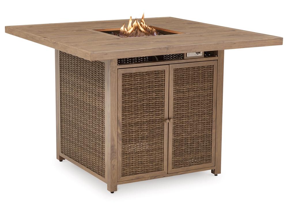 Signature Design by Ashley - Walton Bridge Outdoor Square Bar Table W/Fire Pit in Driftwood - P749-665 veiw 3