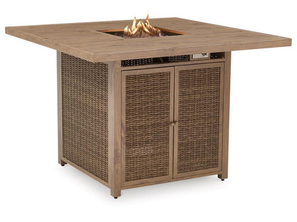 Signature Design by Ashley - Walton Bridge Outdoor Square Bar Table W/Fire Pit in Driftwood - P749-665 veiw 3