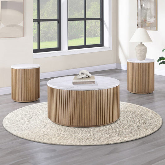 Steve Silver - Colvin 3-Piece Round White Marble Top Table Set, Toffee Finish - COL100NW-2E-3PC view 1