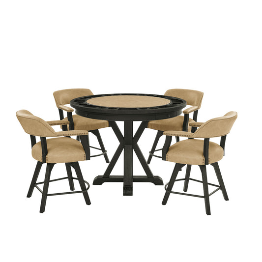 Steve Silver - Rylie Counter Table with Game Top and 4 Counter Chairs, Black Finish, Sand Vegan Leather - RL600K-GT-C6PC view 1