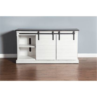 Sunny Designs - European Cottage Barn Door 65in TV Console in White & Dark Brown - 3577EC-2 veiw 2