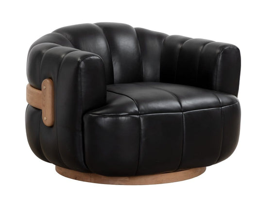 Sunpan - Tadeo Swivel Lounge Chair - Rustic Oak Wood - Vintage Black Night Leather - 111079 view 1
