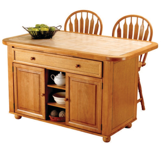 Sunset Trading - 3 Piece Light Oak Kitchen Island Set with Beige Khaki Tile Top - CY-KITT02-B24-LO3PC veiw 1