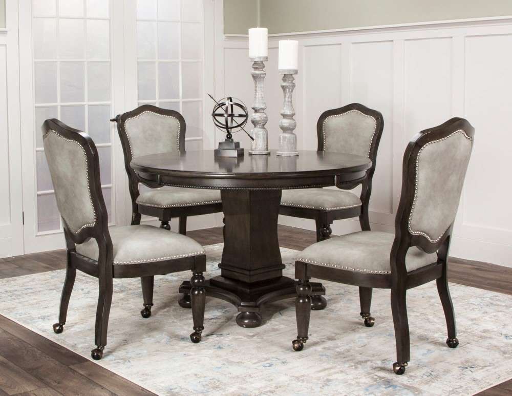 Sunset Trading - 5 Piece Vegas Dining and Poker Table Set - Reversible Game Top - Gray Wood - Caster Chairs with Nailheads - CR-87711-5PC veiw 3