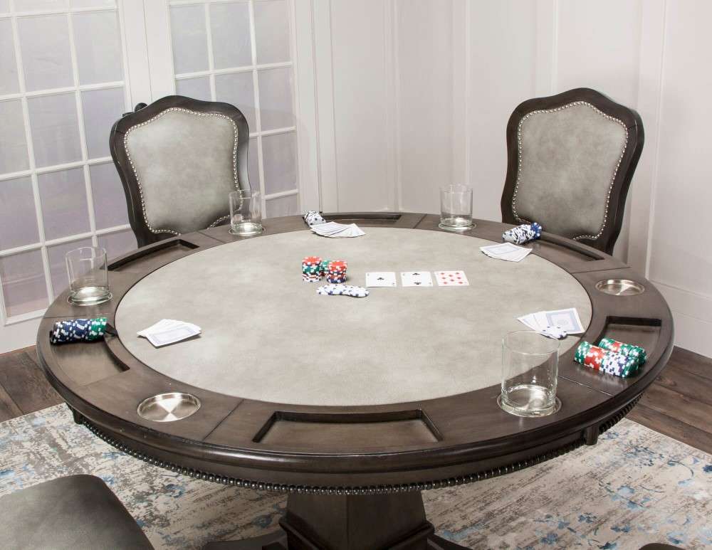 Sunset Trading - 5 Piece Vegas Dining and Poker Table Set - Reversible Game Top - Gray Wood - Caster Chairs with Nailheads - CR-87711-5PC veiw 4