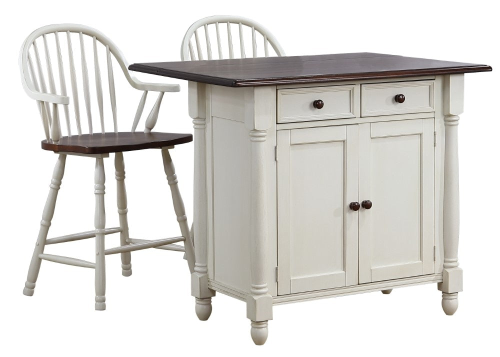 Sunset Trading - Andrews Drop Leaf Kitchen Island with Counter Height Stools with Arms - Antique White and Chestnut Brown - Drawers and Cabinet - DLU-KI4222-B3024A-AW3PC veiw 1
