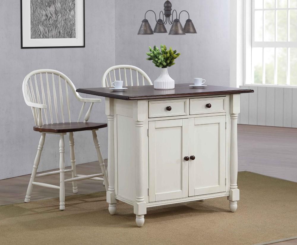 Sunset Trading - Andrews Drop Leaf Kitchen Island with Counter Height Stools with Arms - Antique White and Chestnut Brown - Drawers and Cabinet - DLU-KI4222-B3024A-AW3PC veiw 3